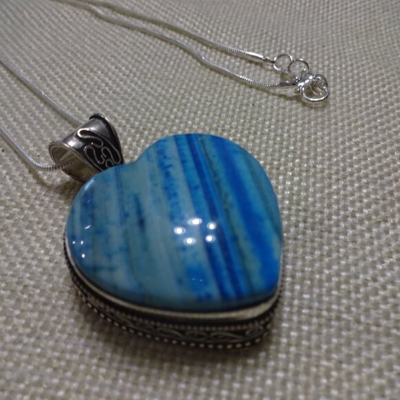 Stunning BLUE DENDRITE OPAL HEART Handmade Sterling 925 Pendant/Chain #547C - Picture 1 of 3